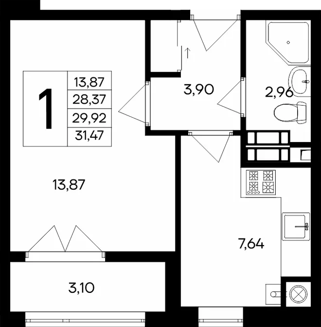 Планировка 1-комн. квартира, 31.47 м² ЖК «Сезоны» Планировка 1-комн. квартира, 31.47 м² ЖК «Сезоны»