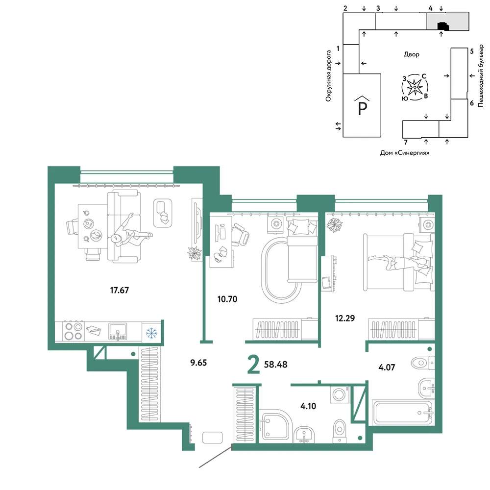Планировка 2-комн. квартира, 58.48 м² ЖК «Юнион»
