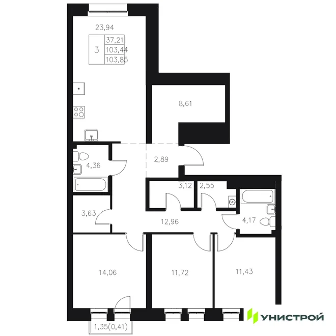 Планировка 3-комн. квартира, 103.85 м² ЖК «Statum»