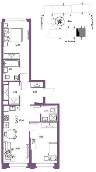 Планировка 3-комн. квартира, 65.9 м² ЖК «Страна.Энтузиастов»