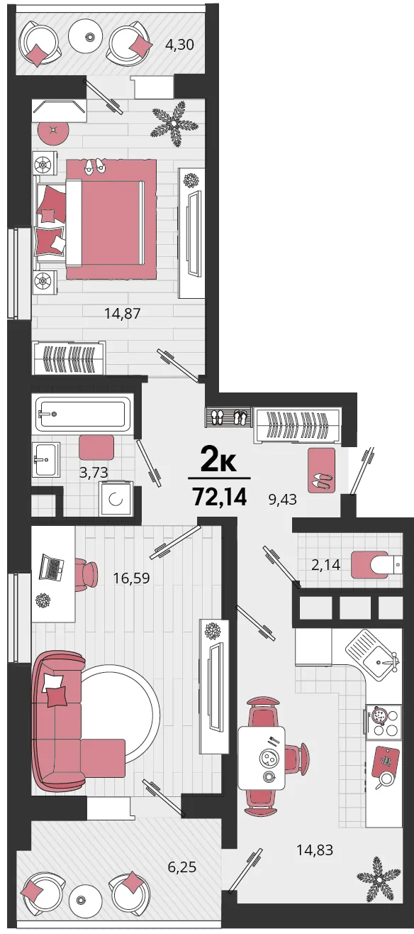 Планировка 2-комн. квартира, 72.14 м² ЖК «Родные просторы»