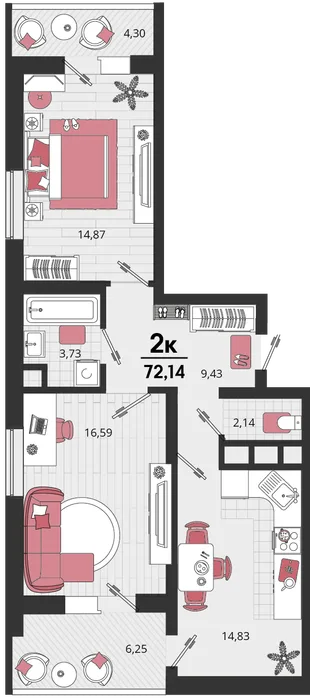 Планировка 2-комн. квартира, 72.14 м² ЖК «Родные просторы»