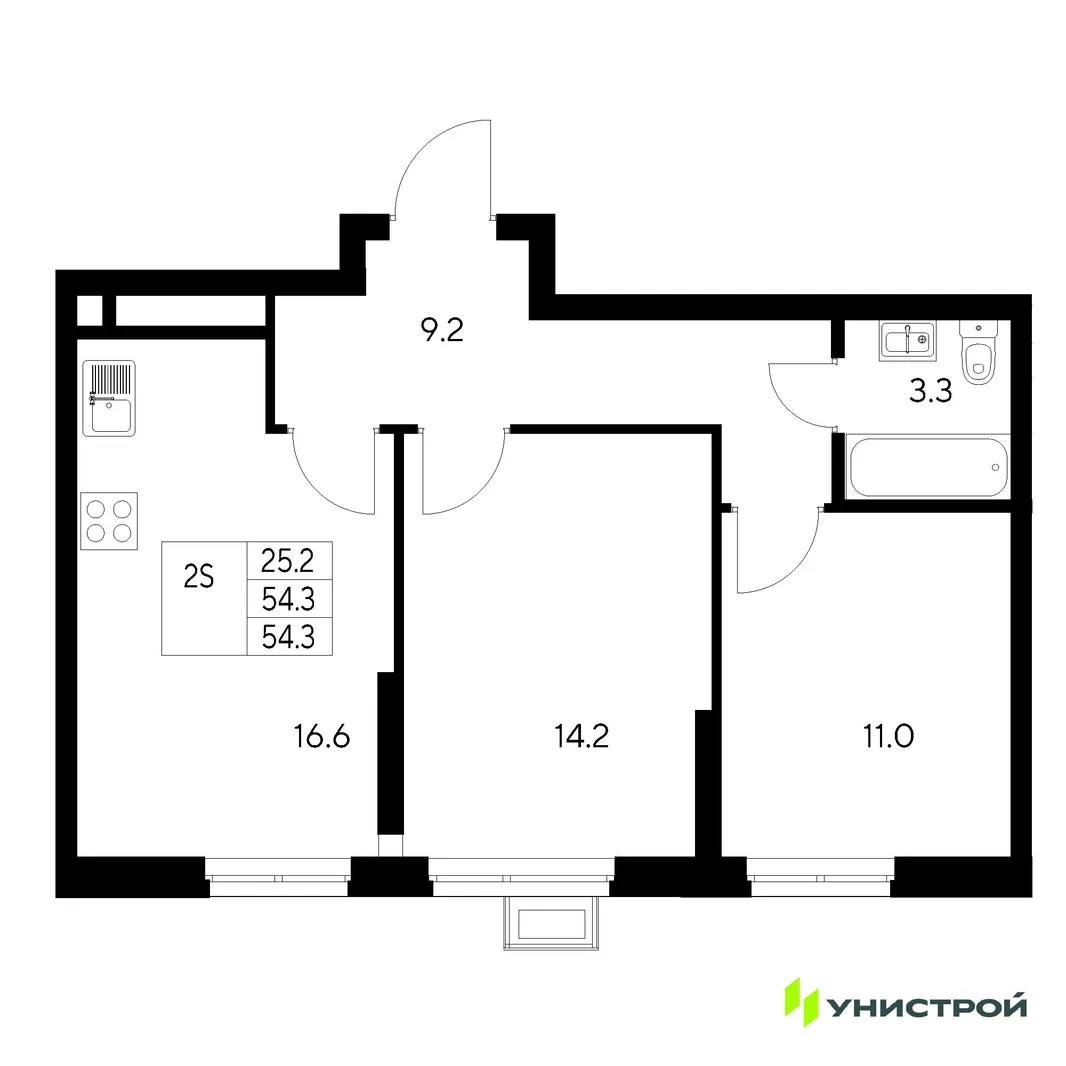 Планировка 2-комн. квартира, 54.3 м² ЖК «Стадиум»