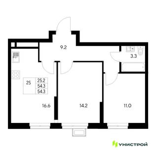 Планировка 2-комн. квартира, 54.3 м² ЖК «Стадиум»