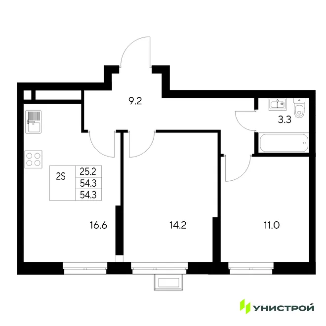 Планировка 2-комн. квартира, 54.3 м² ЖК «Стадиум» Планировка 2-комн. квартира, 54.3 м² ЖК «Стадиум»