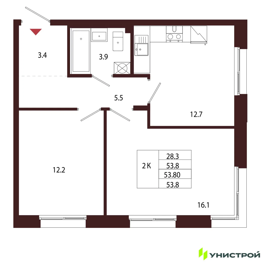 Планировка 2-комн. квартира, 53.8 м² ЖК «Лисино»