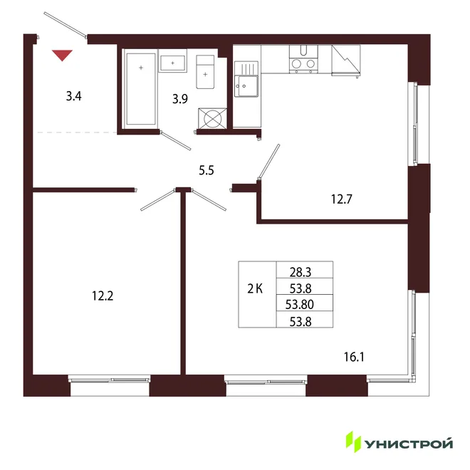 Планировка 2-комн. квартира, 53.8 м² ЖК «Лисино» Планировка 2-комн. квартира, 53.8 м² ЖК «Лисино»