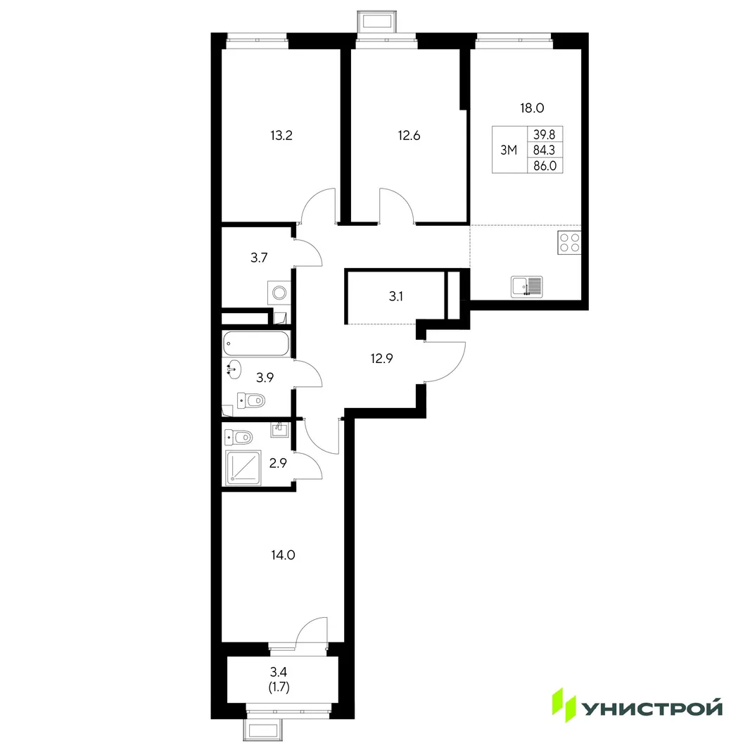 Планировка 3-комн. квартира, 86 м² ЖК «Стадиум»