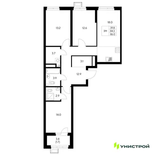 Планировка 3-комн. квартира, 86 м² ЖК «Стадиум»