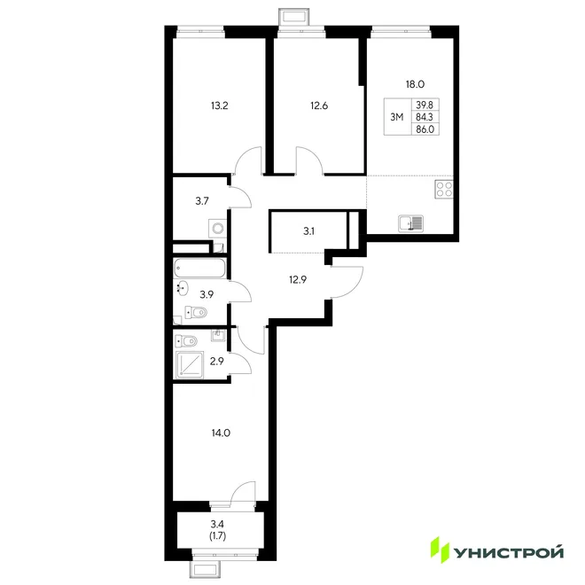 Планировка 3-комн. квартира, 86 м² ЖК «Стадиум» Планировка 3-комн. квартира, 86 м² ЖК «Стадиум»