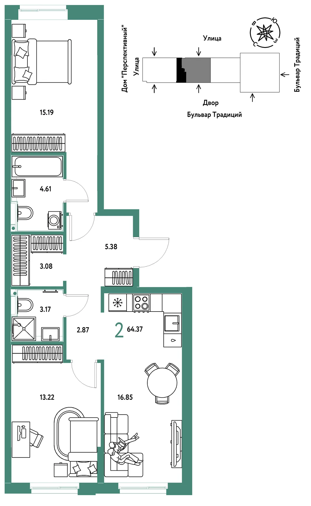 Планировка 2-комн. квартира, 64.37 м² ЖК «Микрорайон Домашний»