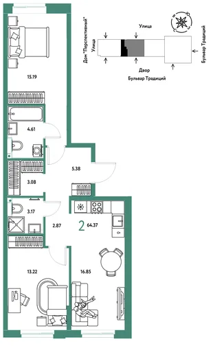 Планировка 2-комн. квартира, 64.37 м² ЖК «Микрорайон Домашний»