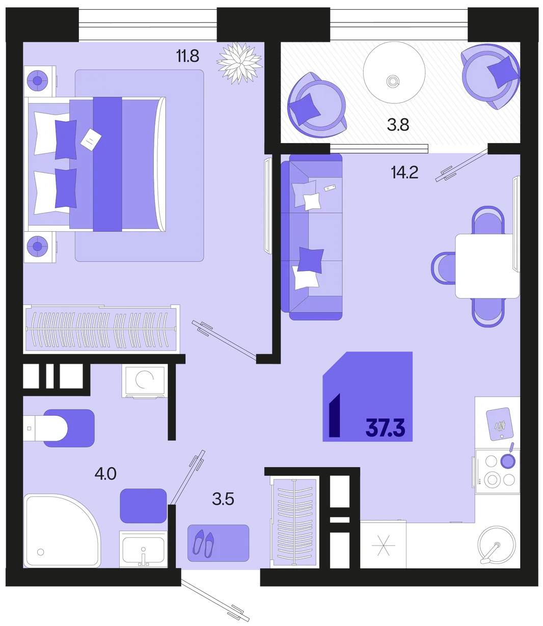 Планировка 1-комн. квартира, 37.3 м² ЖК «Первое место»