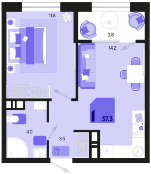 Планировка 1-комн. квартира, 37.3 м² ЖК «Первое место»