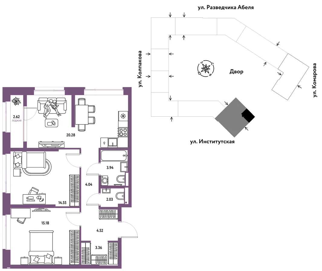 Планировка 3-комн. квартира, 70.52 м² ЖК «Страна.Парковая»
