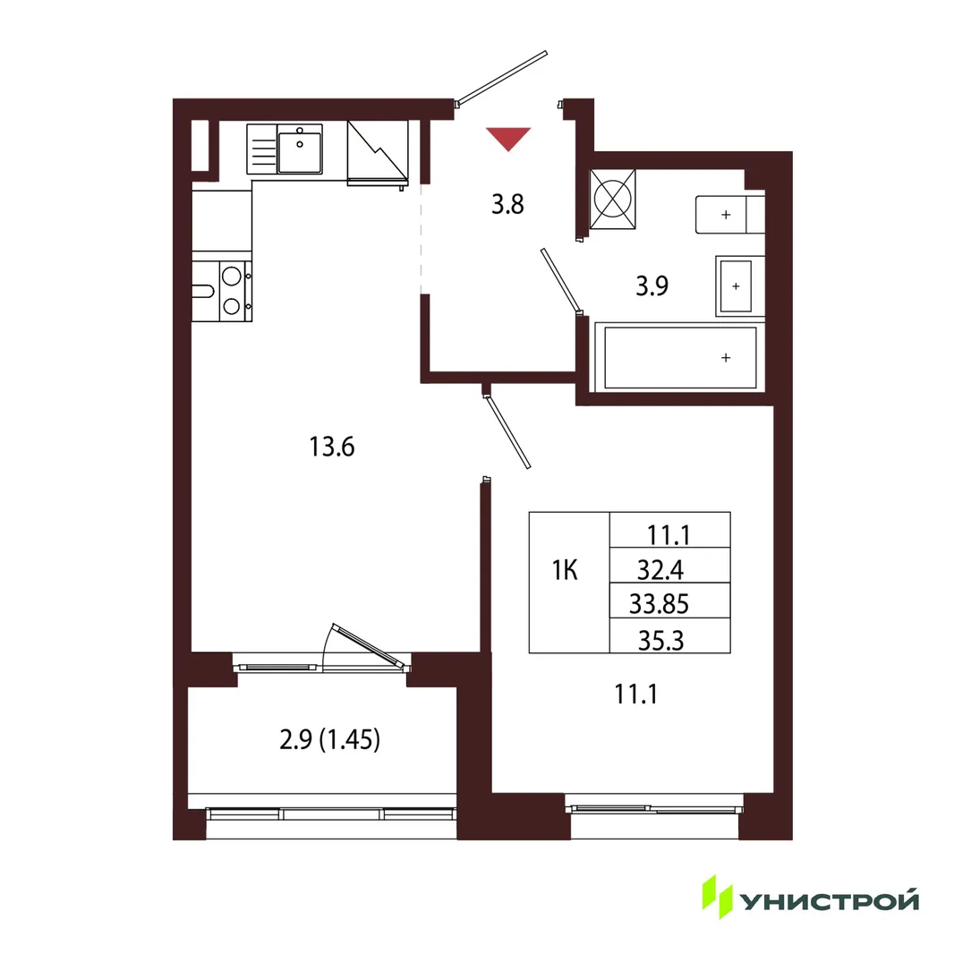 Планировка 1-комн. квартира, 33.85 м² ЖК «Лисино»