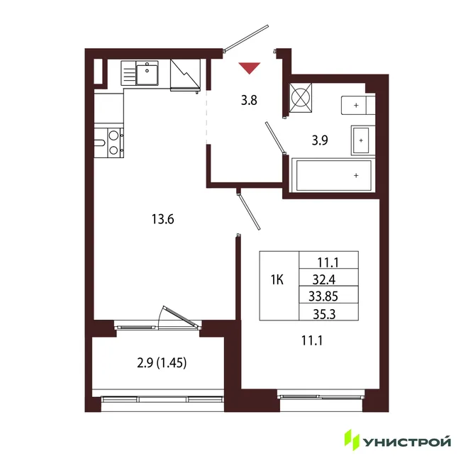 Планировка 1-комн. квартира, 33.85 м² ЖК «Лисино»