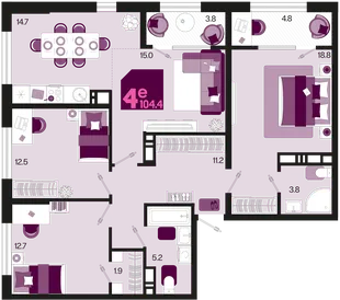 Планировка 4-комн. квартира, 104.4 м² ЖК «Первое место»