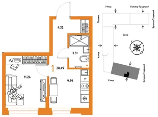 Планировка 1-комн. квартира, 28.49 м² ЖК «Микрорайон Домашний»