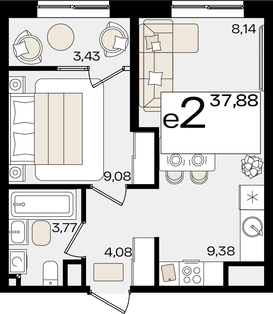 Планировка 2-комн. квартира, 37.88 м² ЖК «Патрики»