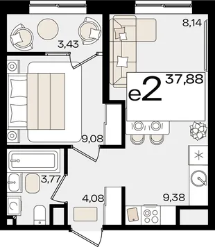 Планировка 2-комн. квартира, 37.88 м² ЖК «Патрики»