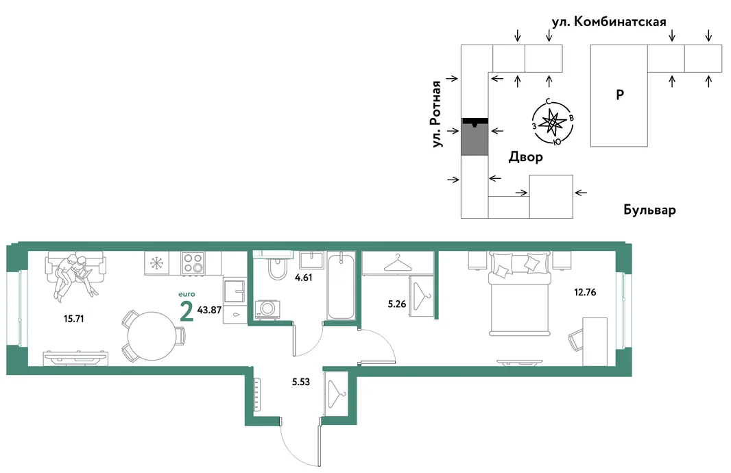 Планировка 2-комн. квартира, 43.58 м² ЖК «Уральский сад»