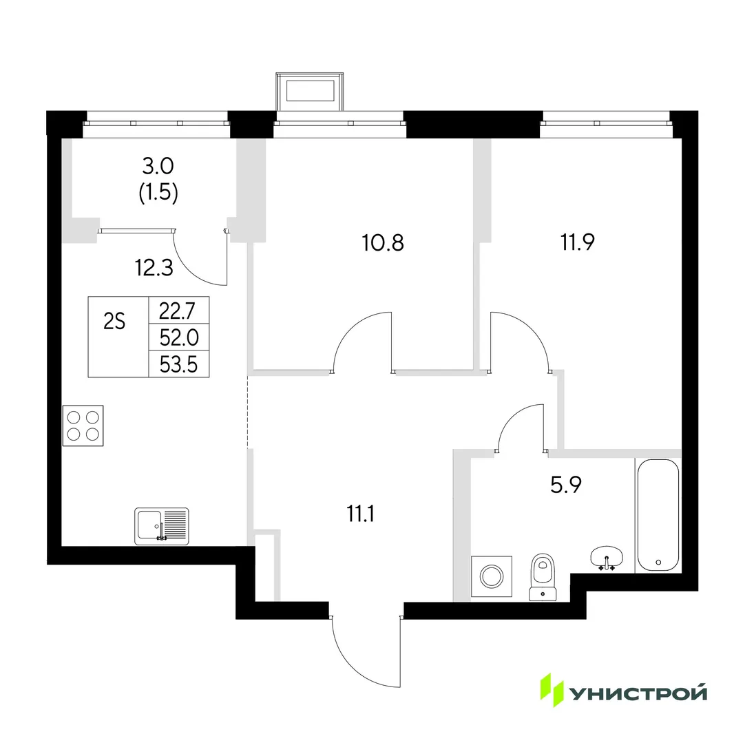 Планировка 2-комн. квартира, 53.5 м² ЖК «Стадиум»