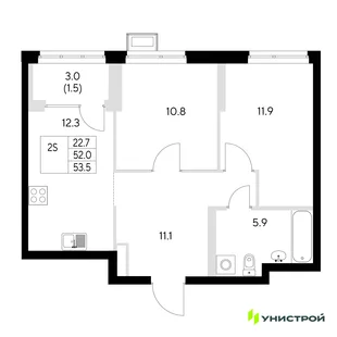 Планировка 2-комн. квартира, 53.5 м² ЖК «Стадиум»