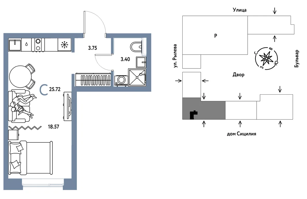 Планировка Студия, 25.72 м² ЖК «Остров-сад»