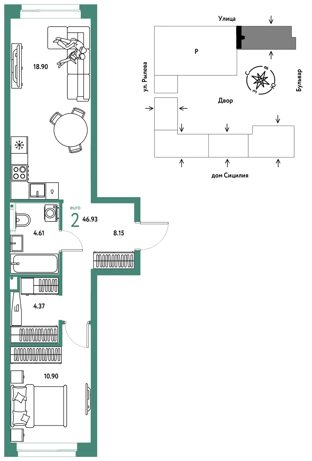 Планировка 2-комн. квартира, 46.93 м² ЖК «Остров-сад»
