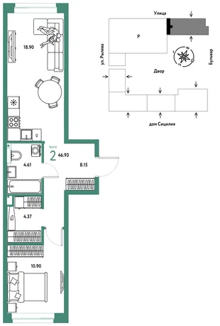 Планировка 2-комн. квартира, 46.93 м² ЖК «Остров-сад»