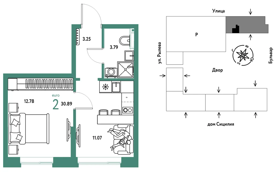 Планировка 2-комн. квартира, 30.89 м² ЖК «Остров-сад»