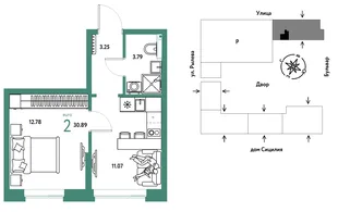 Планировка 2-комн. квартира, 30.89 м² ЖК «Остров-сад»