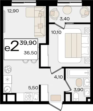 Планировка 2-комн. квартира, 39.9 м² ЖК «Патрики»