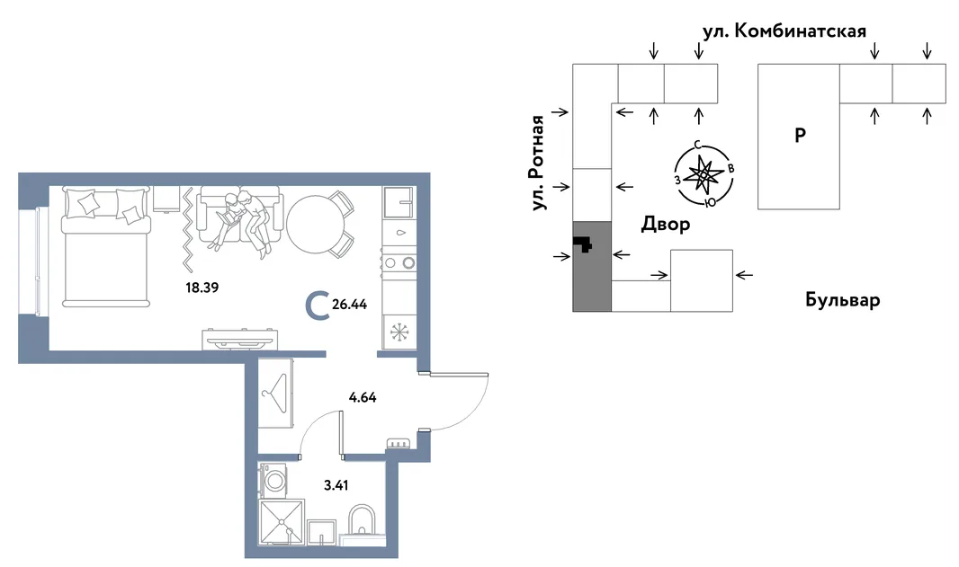 Планировка Студия, 26.34 м² ЖК «Уральский сад»