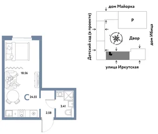 Планировка Студия, 24.55 м² ЖК «Остров-сад»