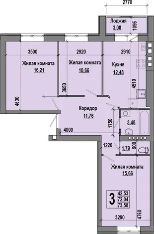 Планировка 3-комн. квартира, 73.58 м² ЖК «мкр. Долина»