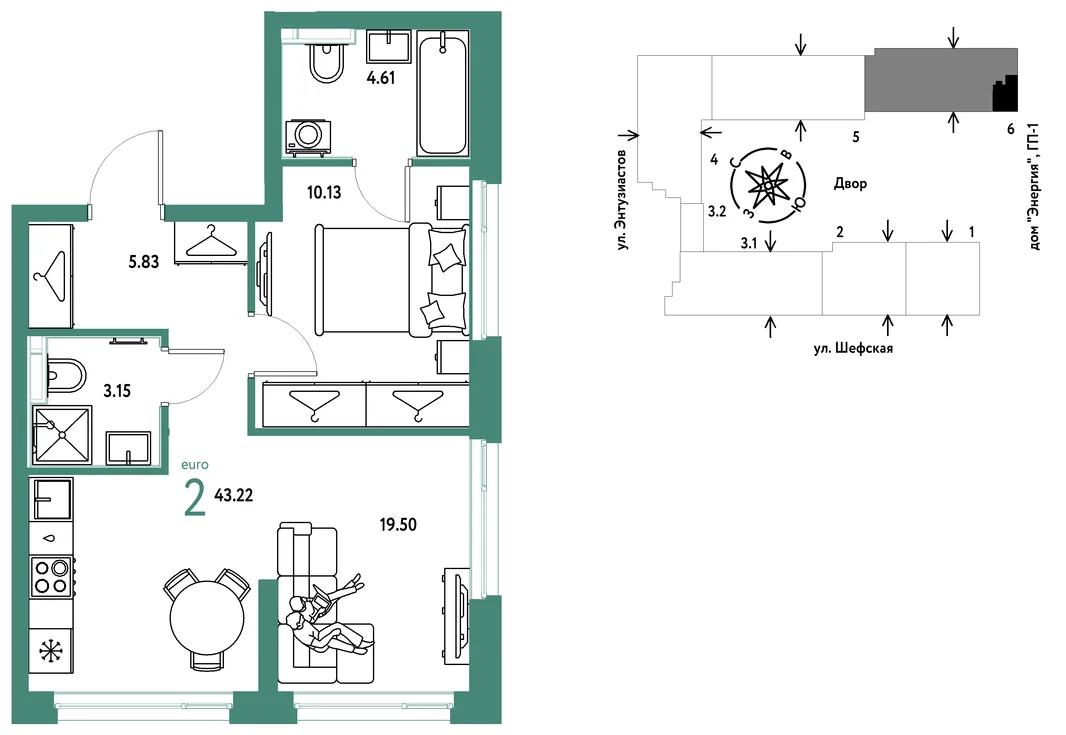 Планировка 2-комн. квартира, 43.22 м² ЖК «Страна.Энтузиастов»