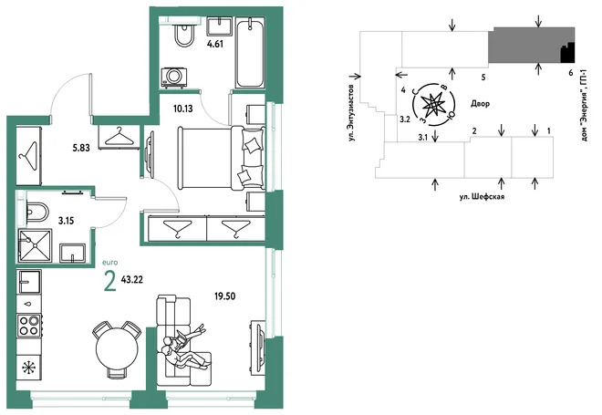 Планировка 2-комн. квартира, 43.22 м² ЖК «Страна.Энтузиастов» Планировка 2-комн. квартира, 43.22 м² ЖК «Страна.Энтузиастов»