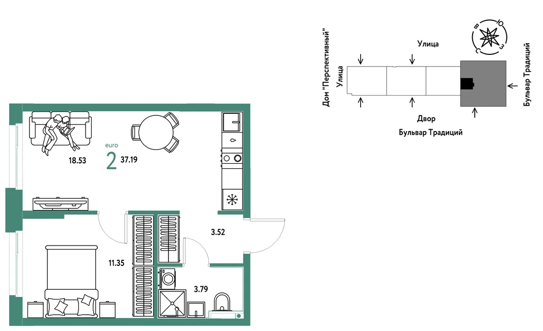 Планировка 2-комн. квартира, 37.19 м² ЖК «Микрорайон Домашний»
