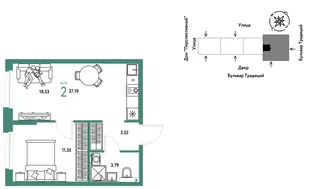 Планировка 2-комн. квартира, 37.19 м² ЖК «Микрорайон Домашний»