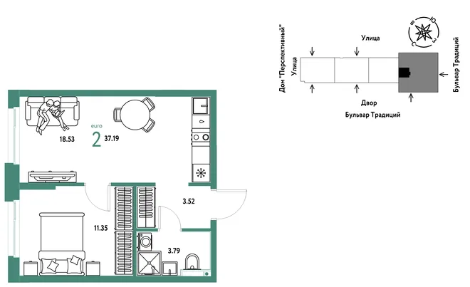 Планировка 2-комн. квартира, 37.19 м² ЖК «Микрорайон Домашний» Планировка 2-комн. квартира, 37.19 м² ЖК «Микрорайон Домашний»