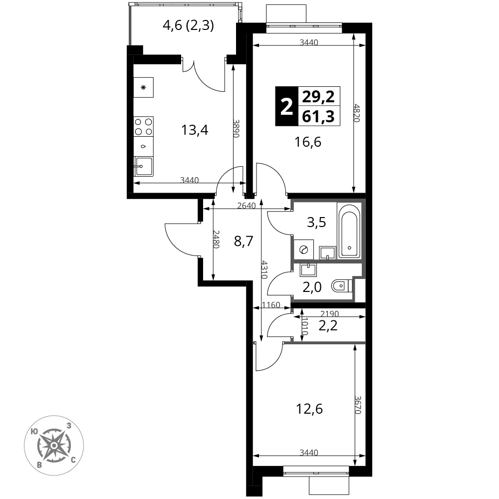Планировка 2-комн. квартира, 61.3 м² ЖК «Южная Битца»