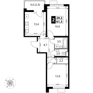 Планировка 2-комн. квартира, 61.3 м² ЖК «Южная Битца»