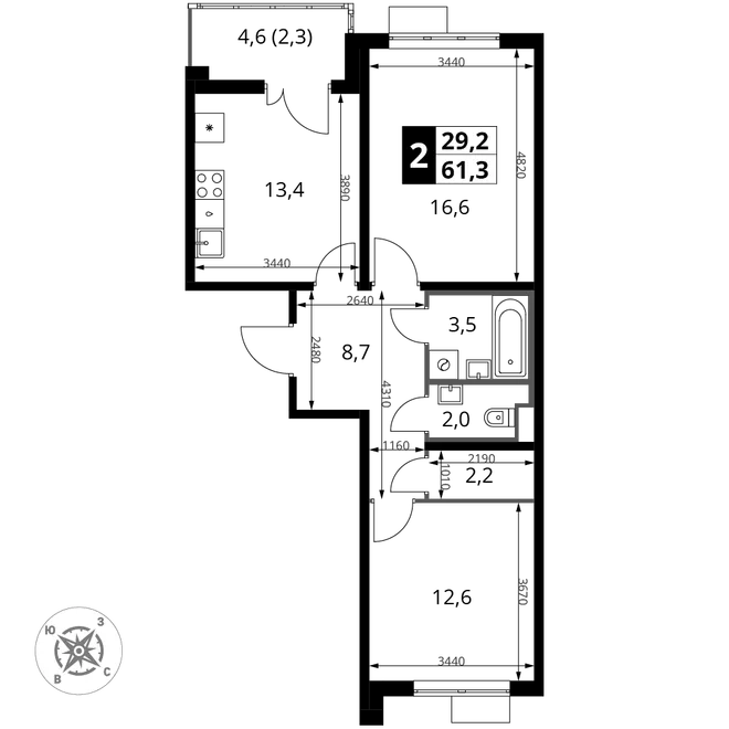 Планировка 2-комн. квартира, 61.3 м² ЖК «Южная Битца» Планировка 2-комн. квартира, 61.3 м² ЖК «Южная Битца»
