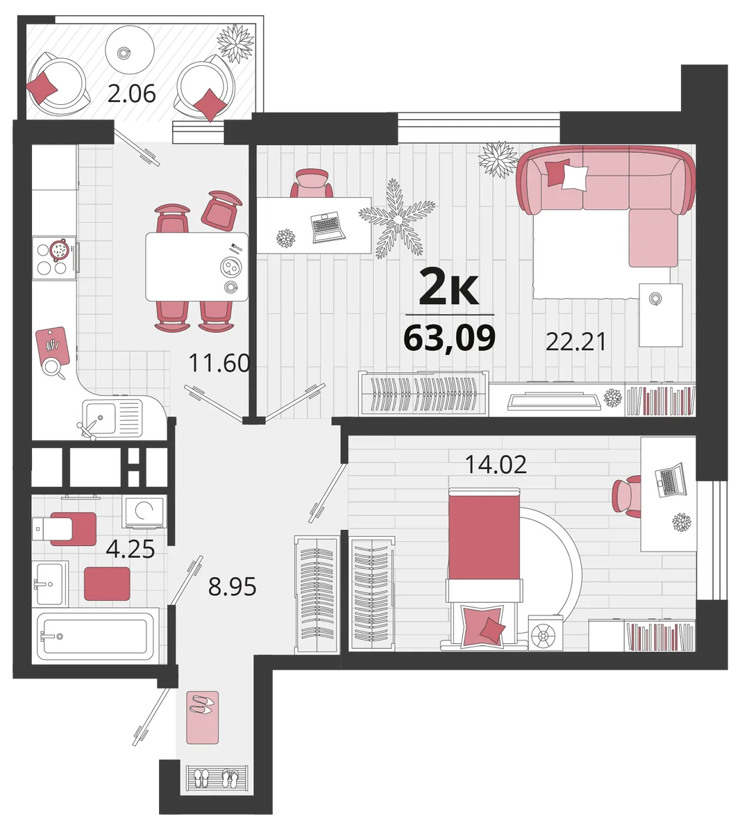 Планировка 2-комн. квартира, 62.8 м² ЖК «Родные просторы»