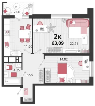 Планировка 2-комн. квартира, 62.8 м² ЖК «Родные просторы»