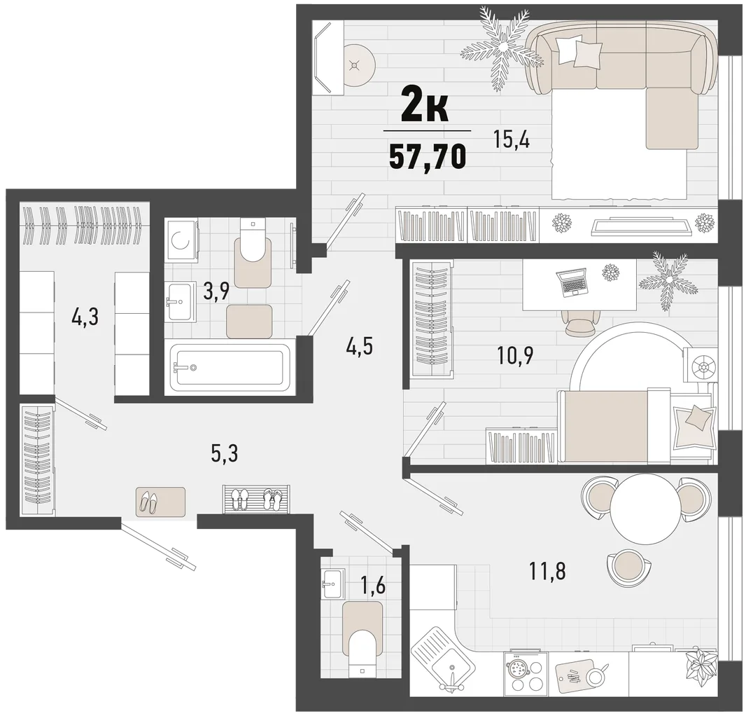 Планировка 2-комн. квартира, 57.7 м² ЖК «Барса»
