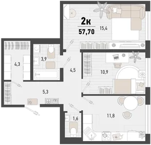 Планировка 2-комн. квартира, 57.7 м² ЖК «Барса»