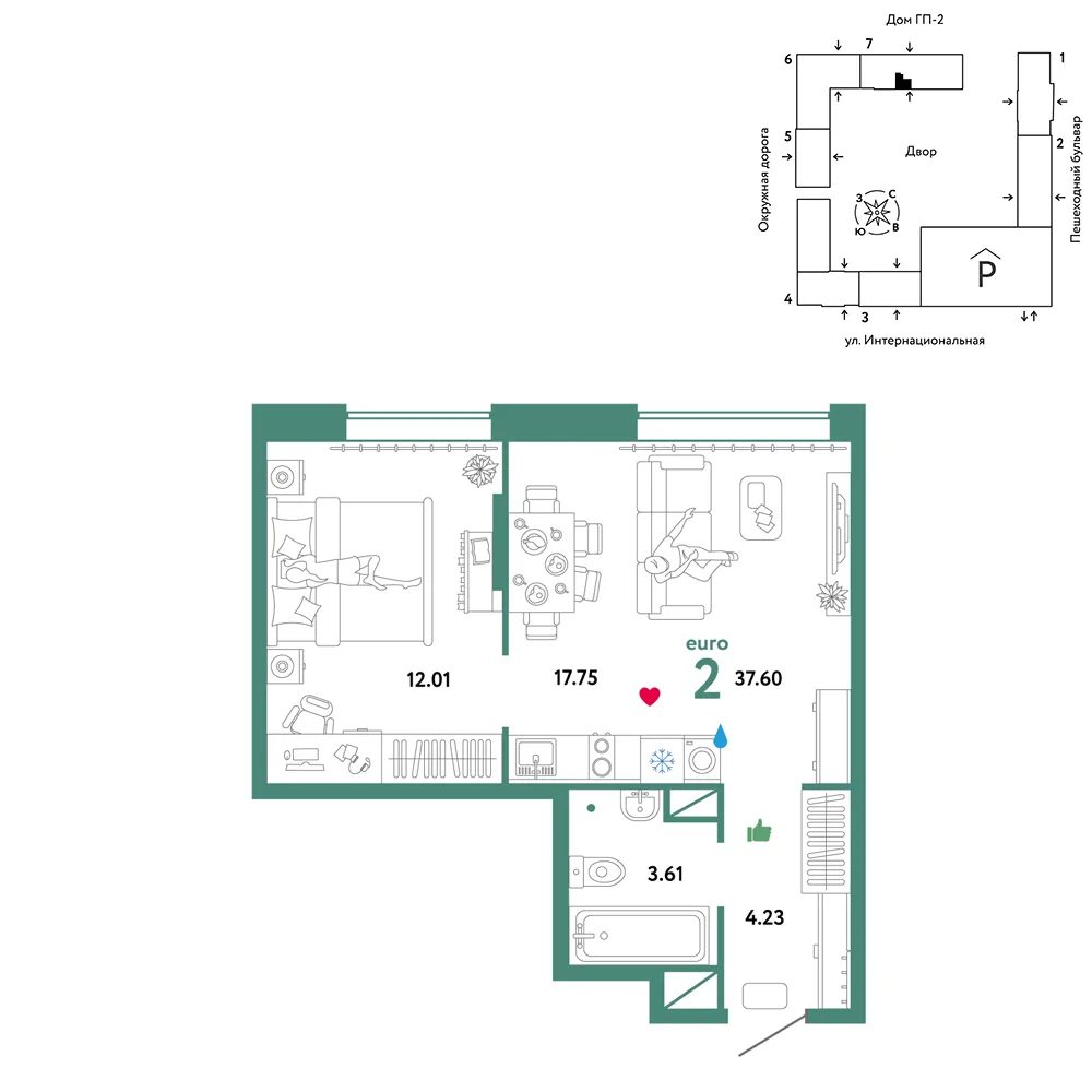 Планировка 2-комн. квартира, 37.6 м² ЖК «Юнион»
